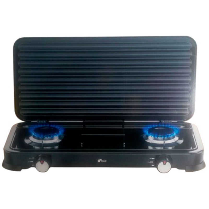 Réchaud à gaz 2 brûleurs avec couvercle | Cuisinière portable | Gaz butane et propane | Corps en acier inoxydable | Chaleur régl