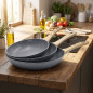 Juego 3 Sartenes de Aluminio | Sarten con Mango Efecto Madera para Todo Tipo de Cocinas 20cm - 24cm - 28cm | Antiadherente