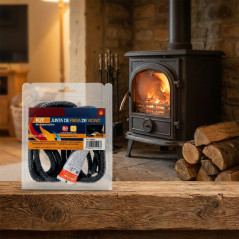 Guarnizione in fibra di vetro nera 10 mm x 2,5 m + adesivo refrattario | Guarnizione per porta stufa