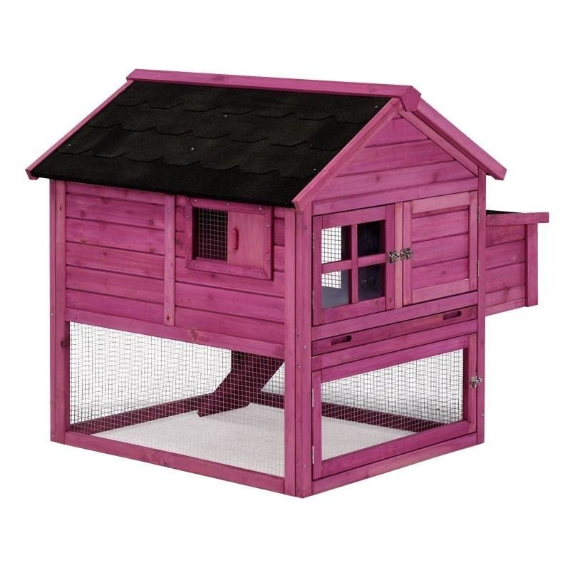 Poulailler en Bois Rose à 2 Niveaux pour Poules 111x100x100 cm avec Nid Élevé et Parc Inférieur