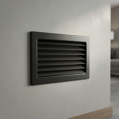 Griglia di ventilazione fissa con pre-telaio nero, lamelle e rete 30x17 cm | Condotti e aria