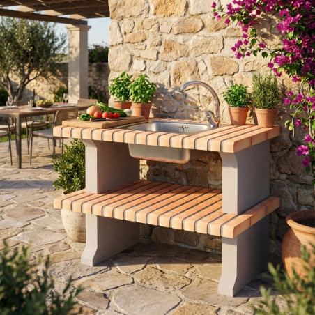 Madeira Brick Barbecue Module 101x70x80 cm Stained Brick | Outdoor Garden Barbecue Base with Sink and Tap