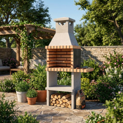 Barbecue encastrable Nice/Zon 91 x 46 x 186 cm avec grille et banc de 51 x 35 cm | Barbecue en béton et brique pour jardin