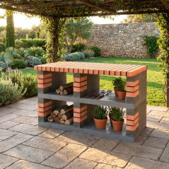 Módulo para churrasqueira embutida Pan America 120x70x80 cm em tijolo laranja e concreto | Base para churrasqueira de jardim ext