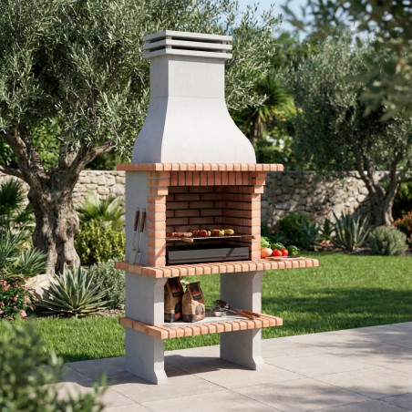 Churrasqueira de tijolos Madeira 110x81x250 cm com grelha 76,5x44 cm | Churrasqueira de concreto e tijolos para jardim