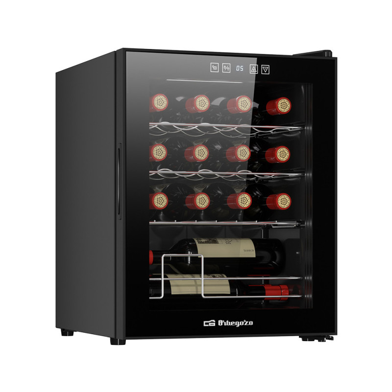 Vinoteca con Compresor para 16 Botellas Orbegozo | Enfriador de Botellas con Luz Interior LED | Estantes Cromados | Panel Tactil