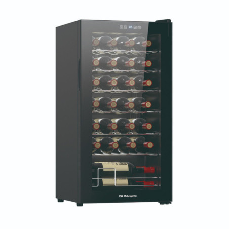 Orbegozo Wine Cooler with Compressor for 28 Bottles | Bottle Cooler with Interior LED Light | Chrome Shelves | Touch Panel