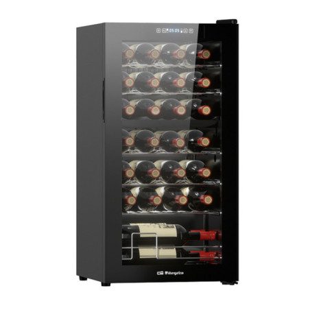 Cantinetta per vini Orbegozo con compressore per 28 bottiglie | Cantinetta con luce LED interna | Ripiani cromati | Pannello tou