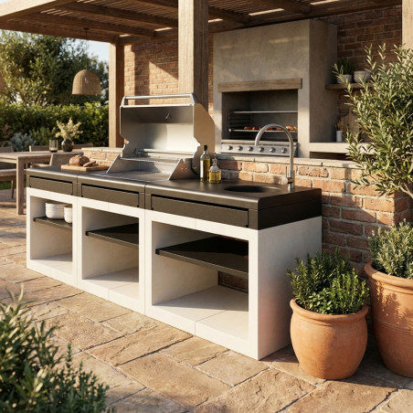 Évier encastrable Kitaway pour barbecue, blanc/noir, 84 x 63 x 81 cm | Base pour barbecue d'extérieur avec robinet