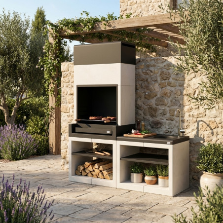 Pack Barbacoa de Obra + Modulo Fregadero Kitaway 168x63x223 cm | Barbacoa de Hormigón liso para Jardin