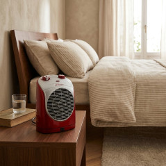 90º oszillierende Heizung.  Rote Farbe.  Zwei Leistungen: 1100W-2200W.  Einstellbare Temperatur.  Kaltluftstellung (Lüfter).