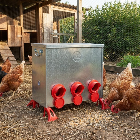 Geflügelfuttertrog aus Metall mit 6 Ausgängen, 80 kg Fassungsvermögen | Abfallfrei | Für den Außenbereich
