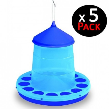 5 Stück Futtertröge für Vögel und Hühner | 2 kg Kapazität | 25x25x34 cm | Robustes Plastik | Farbe Blau