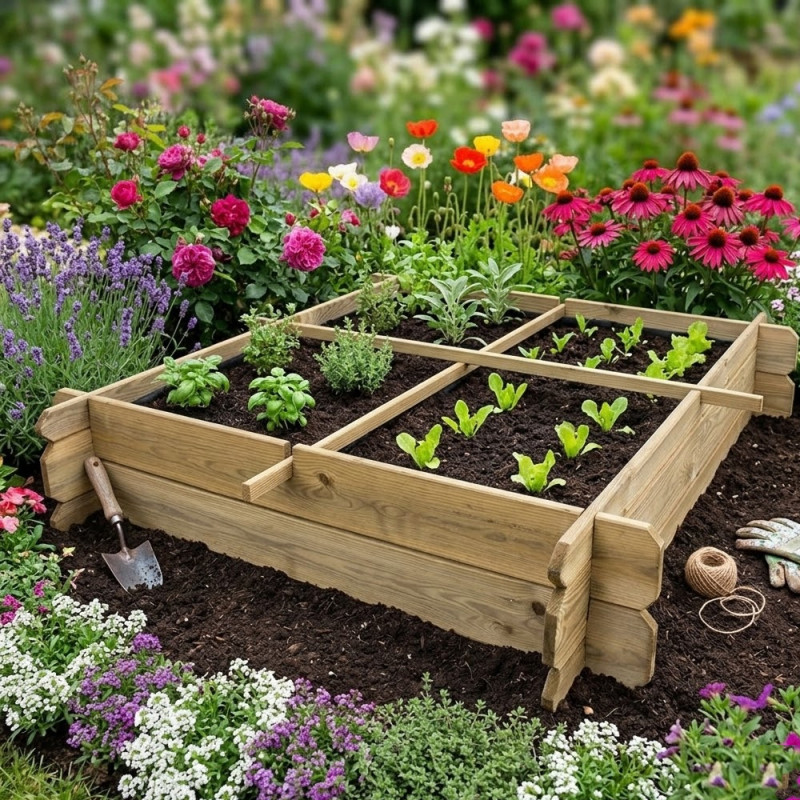 Jardinière Pot à Fleurs Jardinière Bac à Plante Jardin Bois Imprégné. Potager urbain en bois 100x100x24 cm, 4 compartiments Jardinière Pot à Fleurs Jardinière Bac à Plante Jardin Bois Imprégné. Potager urbain en bois 100x100x24 cm, 4 compartiments