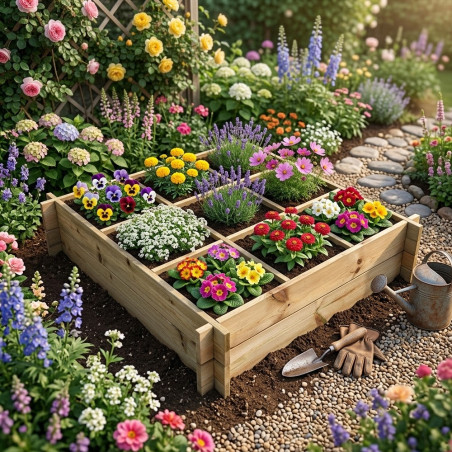 Jardinière Pot à Fleurs Jardinière Bac à Plante Jardin Bois Imprégné. Potager urbain en bois 104x104x24 cm, 9 compartiments