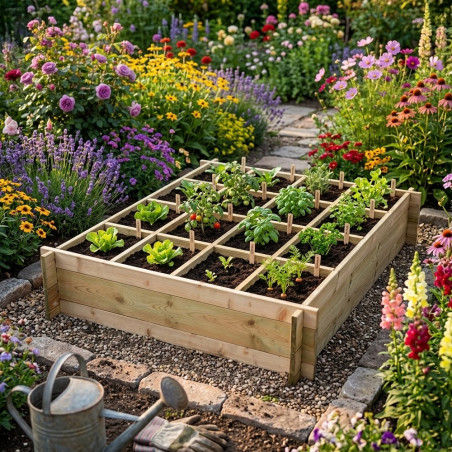 Horta urbana de madeira, 134x134x24 cm, com 16 compartimentos. Ideal para cultivar uma horta familiar em casa.