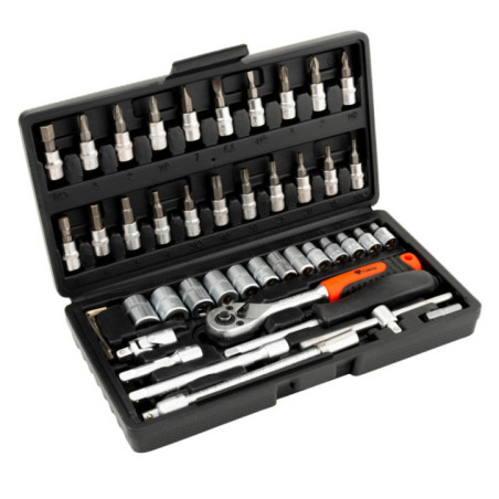 Maletin 46 Piezas Llaves de Vaso y Carraca 1/4 | Juego Herramientas CR-V | Incluye Puntas, Alargadores y Llaves Allen