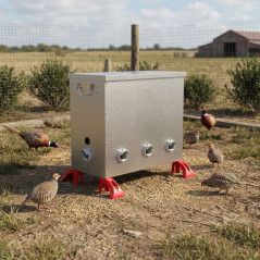 Mangiatoia in metallo per pernici, 8 aperture, capacità 80 kg, 50x71x60 cm | Senza sprechi | Tramoggia per esterni