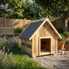 Cuccia per cani in legno 59x61x65 cm | Cuccia per cani da esterno con tetto a due falde per cani di piccola taglia
