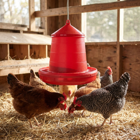 Comedouro de plástico para galinhas, 16 kg, 46 x 46 x 63 cm, vermelho