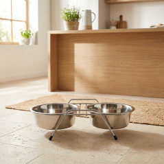 Mangiatoia e abbeveratoio doppia per cani gatto con supporto ø25 cm. 52×26,5×10 cm. Capacità 2,8 litri x 2 ciotole