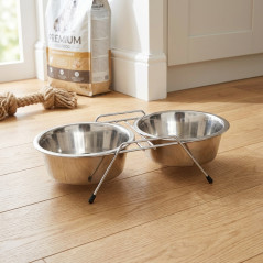 Mangeoire et abreuvoir double pour chien et chat avec support ø21 cm. 44 x 22,5 x 8 cm. Capacité 1,75 litres x 2 bols