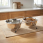 Double dog cat feeder and waterer with stand ø21 cm. 44 x 22.5 x 8 cm. Capacity 1.75 liters x 2 bowls