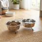 Double dog cat feeder and waterer with stand ø21 cm. 44 x 22.5 x 8 cm. Capacity 1.75 liters x 2 bowls