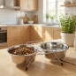 Double dog cat feeder and waterer with stand ø16.5 cm. 35 x 17 x 7 cm. Capacity 0.75 liters x 2 bowls