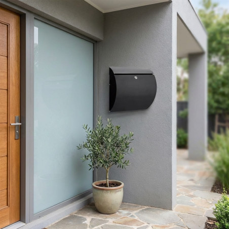 Outdoor Mailbox | Black Lacquered Steel Mailbox with Keys | Modern Residential Wall Mounted Mailbox