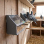 Plastic pigeon feeder with 2 compartments. Measures 17.5 x 11 x 14.5 cm