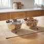 Double dog cat feeder and waterer with stand ø16.5 cm. 35 x 17 x 7 cm. Capacity 0.75 liters x 2 bowls