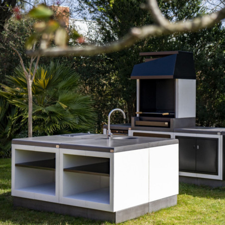 Barbacoa de Obra Kitaway 84×63×206 cm con Parrilla 68,5x42 cm | Barbacoa de Hormigón y Acero Blanco/Gris para Jardin