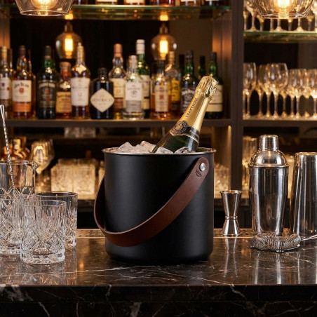 Balde de gelo de aço inoxidável preto Moon - 5,6 L - Alças de couro - Design elegante