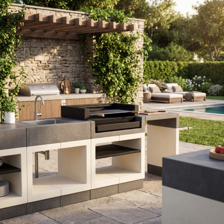 Tiroir avec grille pour barbecue et modules Kitaway 84×63×115 cm | Tiroir en acier gris/blanc pour cuisine extérieure et barbecu