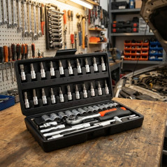 Maletin 46 Piezas Llaves de Vaso y Carraca 1/4 | Juego Herramientas CR-V | Incluye Puntas, Alargadores y Llaves Allen