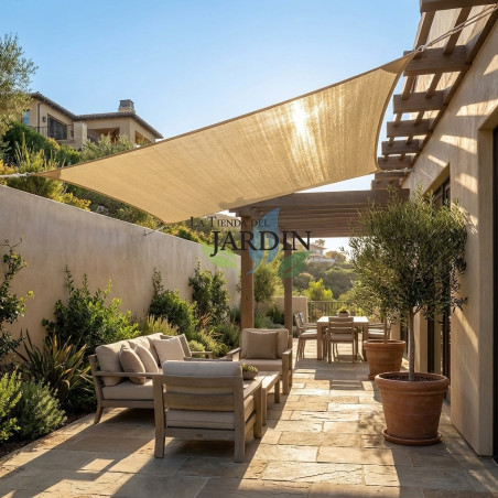 Beige square sun shade sail 5 x 5 meters, 150 gr/m2 UV for garden with ropes