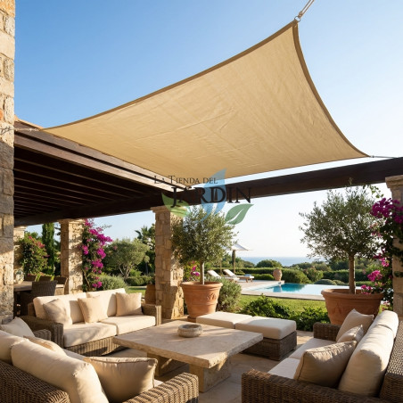 Beige square sun shade sail 3.6 x 3.6 meters, 150 gr/m2 UV for garden with ropes