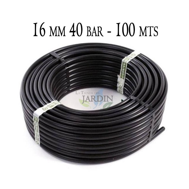 Tube en polyéthylène haute densité alimentaire 16 mm 40 bar 100 m noir | haute pression pour applications industrielles. Tube en polyéthylène haute densité alimentaire 16 mm 40 bar 100 m noir | haute pression pour applications industrielles.