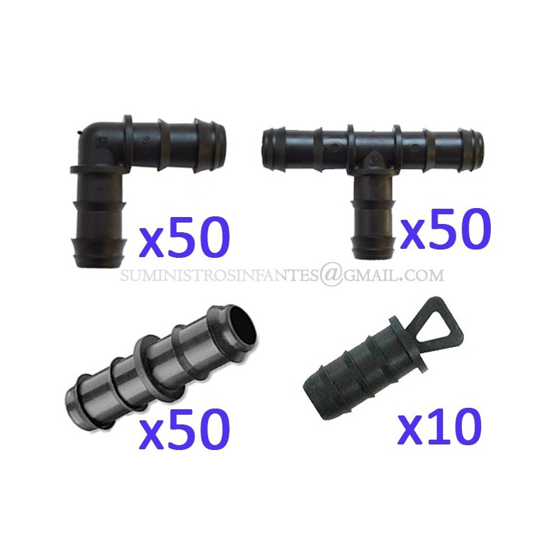 Pack Accesorios para Tuberia Riego por Goteo 16 mm negro: 50 Te + 50 Codo + 50 Enlace + 10 Tapón Pack Accesorios para Tuberia Riego por Goteo 16 mm negro: 50 Te + 50 Codo + 50 Enlace + 10 Tapón
