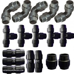 Pack IRRIGATION PIPE 20MM: 5 tee + 5 elbow + 5 link + 2 cap.  Black Polyethylene Fitting for agricultural and food pipe
