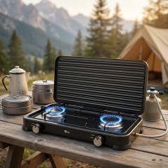 2-Burner Gas Stove with Lid | Portable Cooker | Butane and Propane Gas | Stainless Steel Body | Adjustable Heat