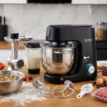 Kneader, blender and meat grinder 1500W. Professional Food Processor 7L, 6 speeds.  black color