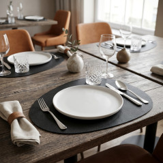 Mantel Individual | Cuero Negro Granulado | Ovalado | 45x35 cm | Mesa Comedor | Diseño Elegante | Proteccion Mesa