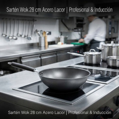 Lacor 28 cm Wok aus Stahl | Professionelle Kochpfanne, geeignet für Induktions- und Gasherde | Antihaft-Wok
