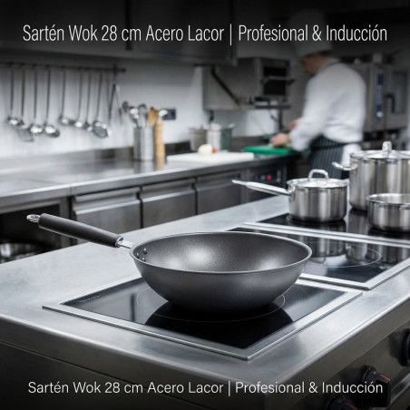 Lacor 28cm Steel Wok | Professional Cooking Pan, Compatible with Induction and Gas Hobs | Non-Stick Wok