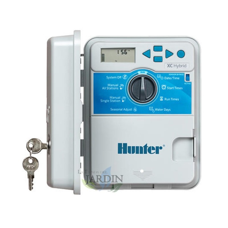 Programador de riego Hunter XC Hybrid 6 zonas exterior, controlador automático para riego de jardín y césped Programador de riego Hunter XC Hybrid 6 zonas exterior, controlador automático para riego de jardín y césped