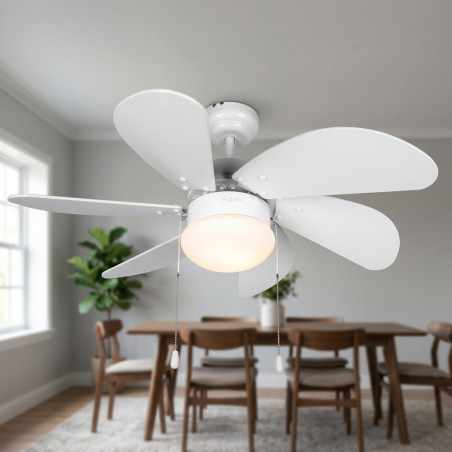 Ventilatore da soffitto Orbegozo con luce, 6 pale, 3 velocità, bianco.