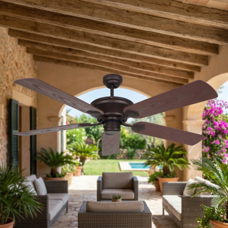 Ventilatore da soffitto senza luce per esterno, 5 pale, diametro 132 cm, potenza 60 W e 3 velocità, nero.