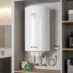 Elektrischer Warmwasserbereiter von Orbegozo. Fassungsvermögen 80 Liter. Höchsttemperatur 75ºC. Vertikaler Einbau. Geringer